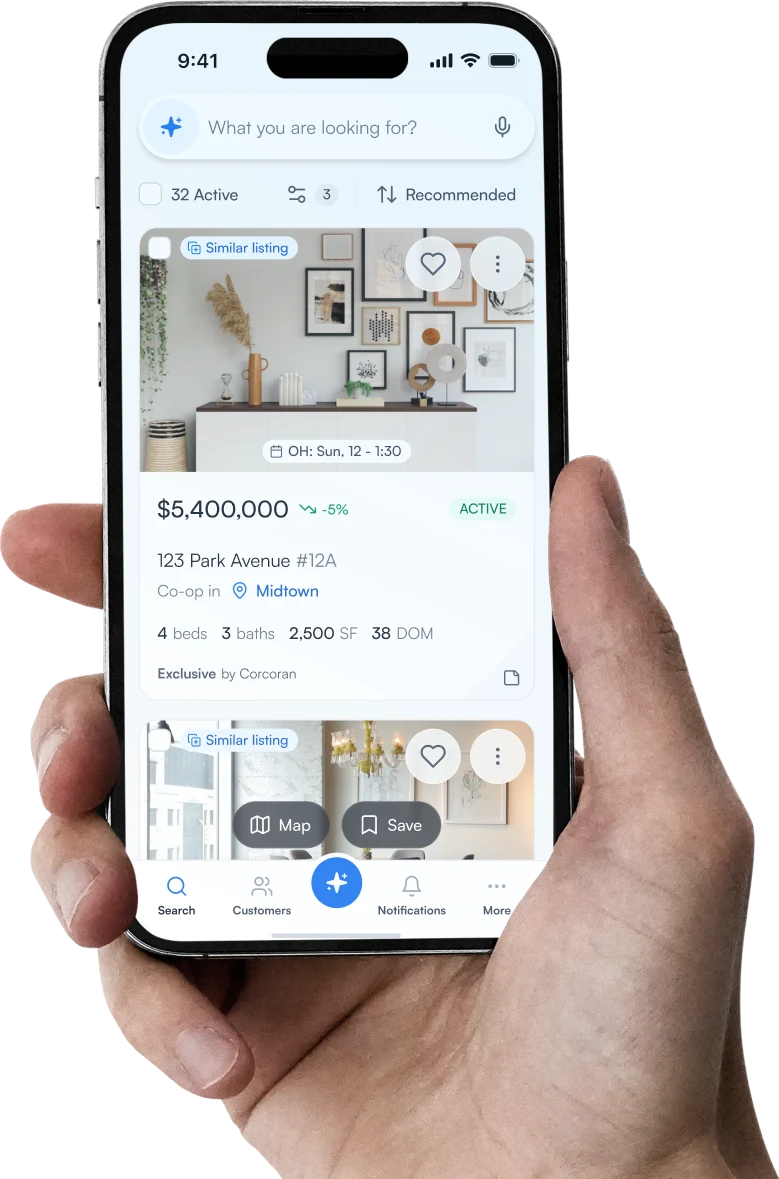 ProdigyNYC on iPhone — listing search with price, beds, baths and days on market